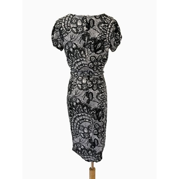 Calvin Klein Black White Dress Lace Print Small Belted Office Work Modest - Picture 2 of 11